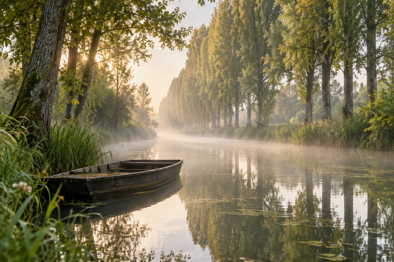 Canal du marais poitevin à l'aube